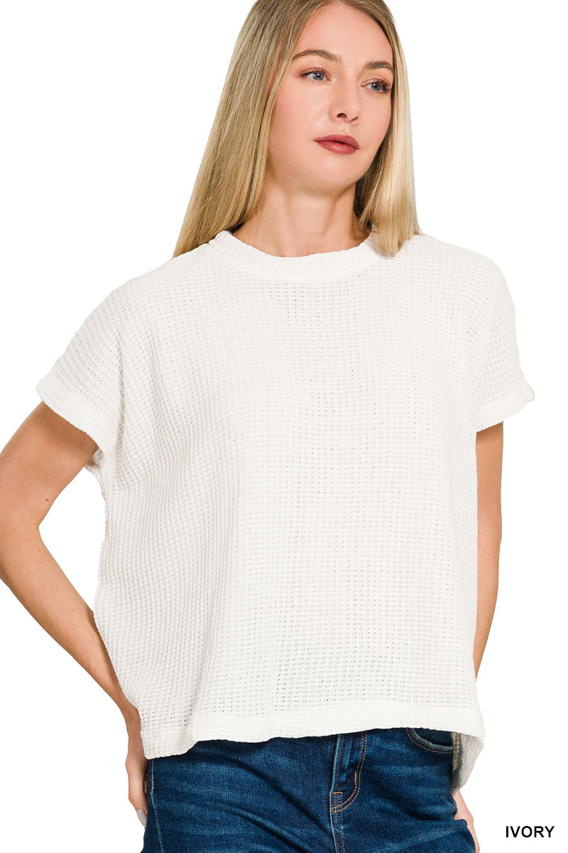 CHENILLE WAFFLE CAP SLEEVE SWEATER - Zenana