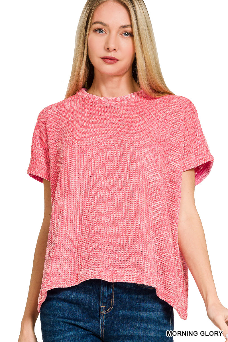 CHENILLE WAFFLE CAP SLEEVE SWEATER - Zenana