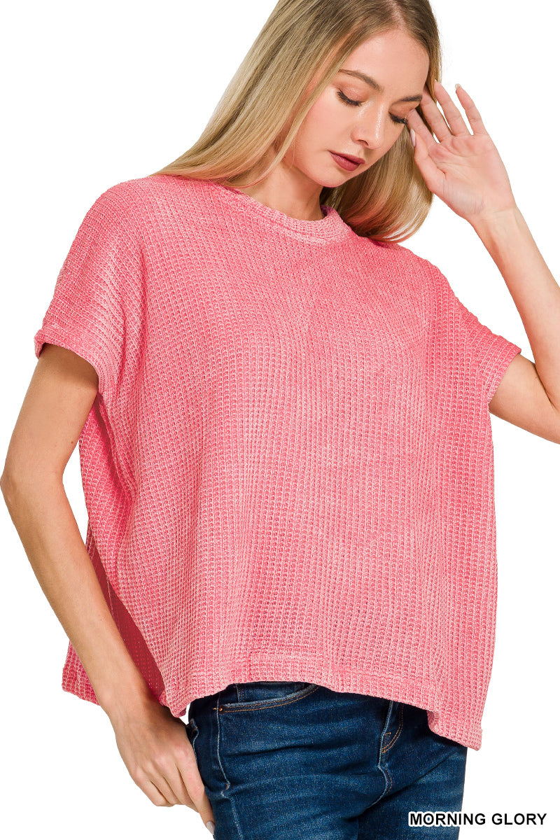 CHENILLE WAFFLE CAP SLEEVE SWEATER - Zenana