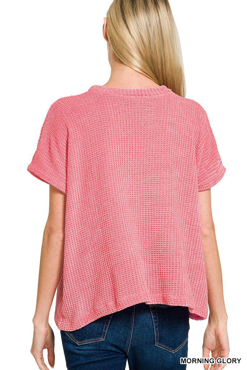 CHENILLE WAFFLE CAP SLEEVE SWEATER - Zenana