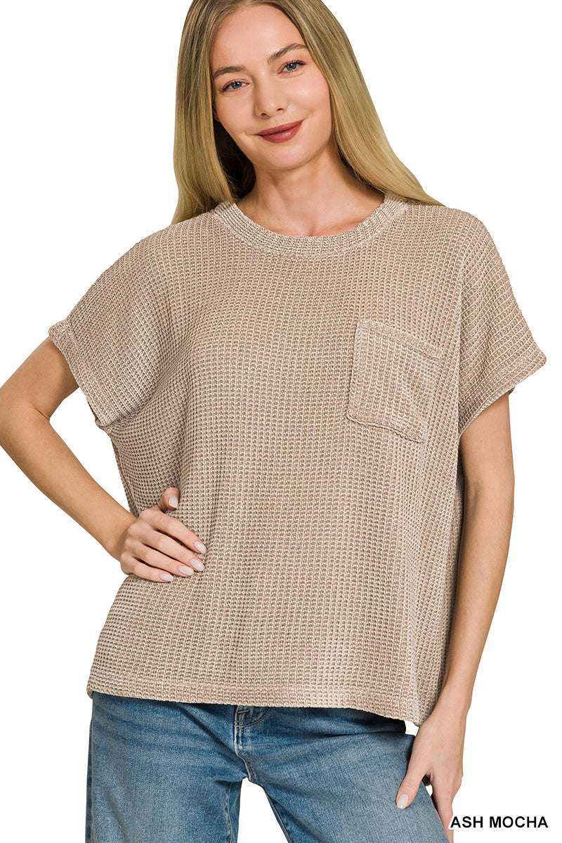 Waffle Short Sleeve Sweater - Pocket