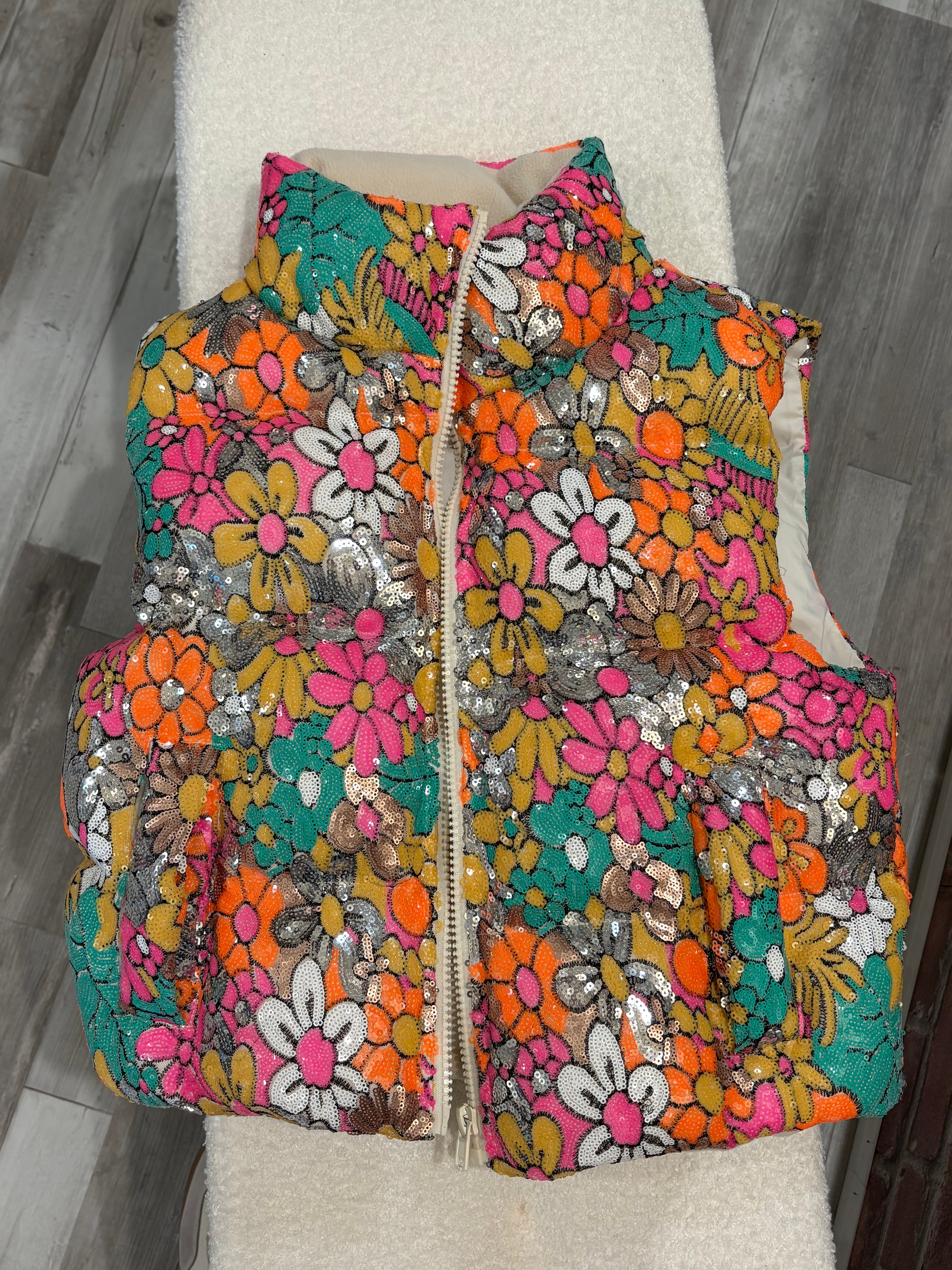 Sequin Flower Power Puffer Vest
