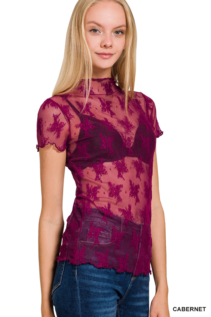 LACE SEE-THROUGH LAYERING SHORT SLEEVE TOP