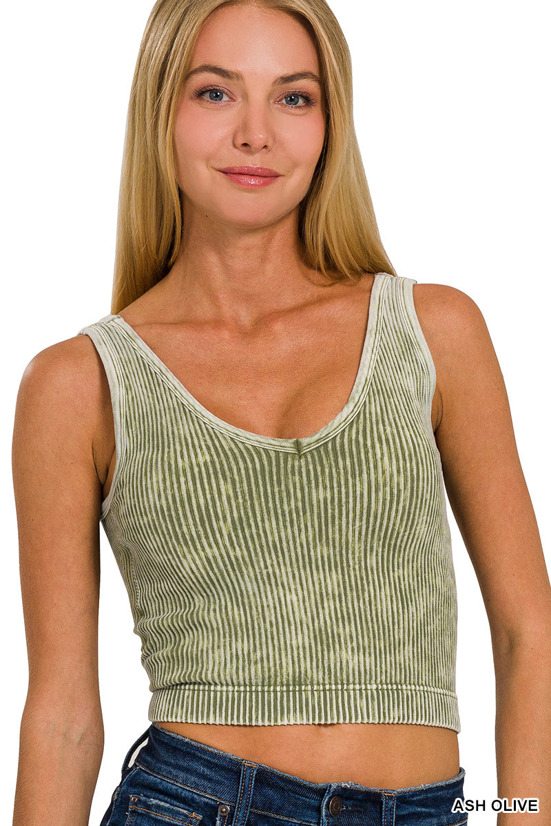 Washed ribbed seamless bra padded v-neck tank top