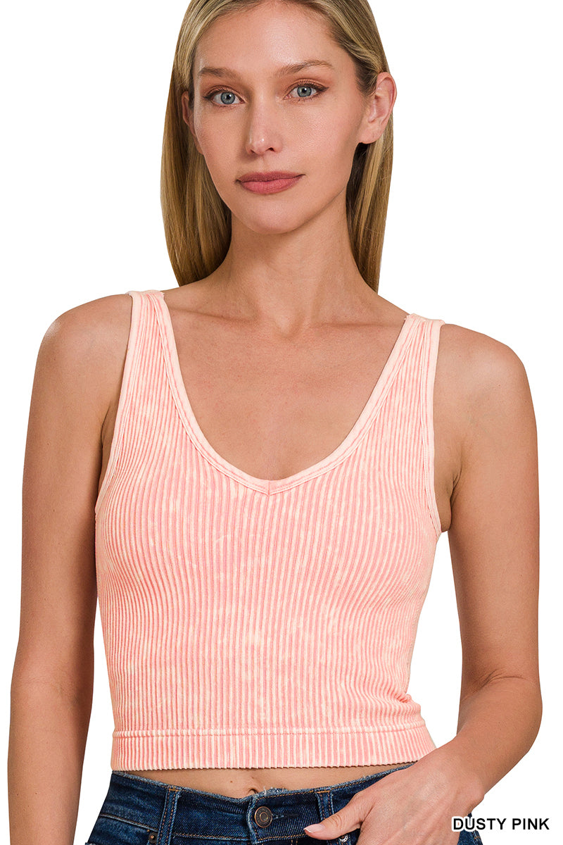 Washed ribbed seamless bra padded v-neck tank top