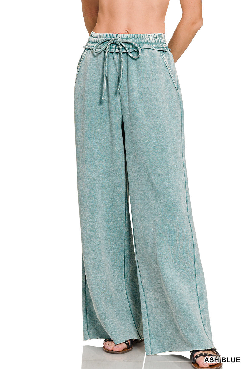 Zenana Acid Wash Fleece Palazzo Sweatpants