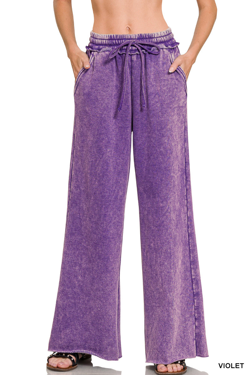 Zenana Acid Wash Fleece Palazzo Sweatpants