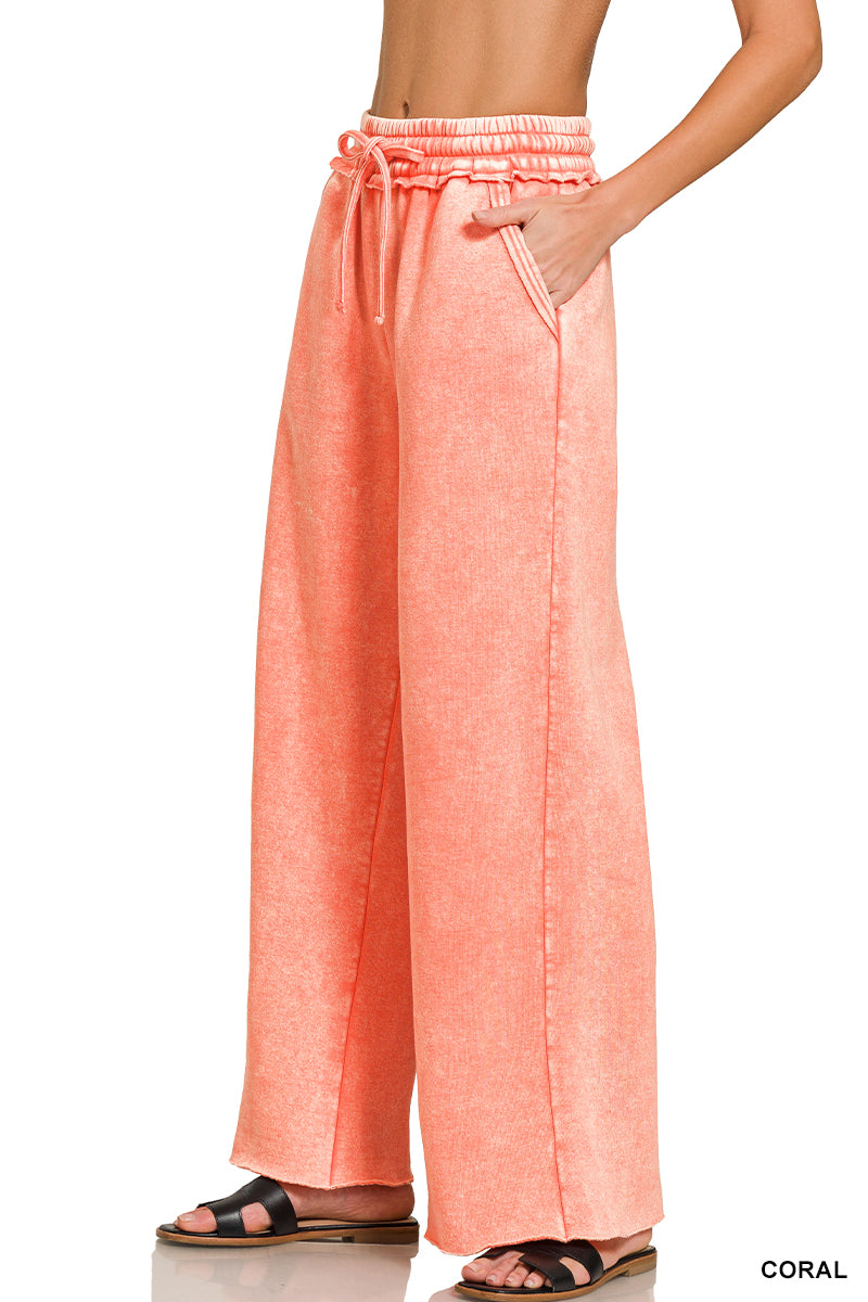 Zenana Acid Wash Fleece Palazzo Sweatpants