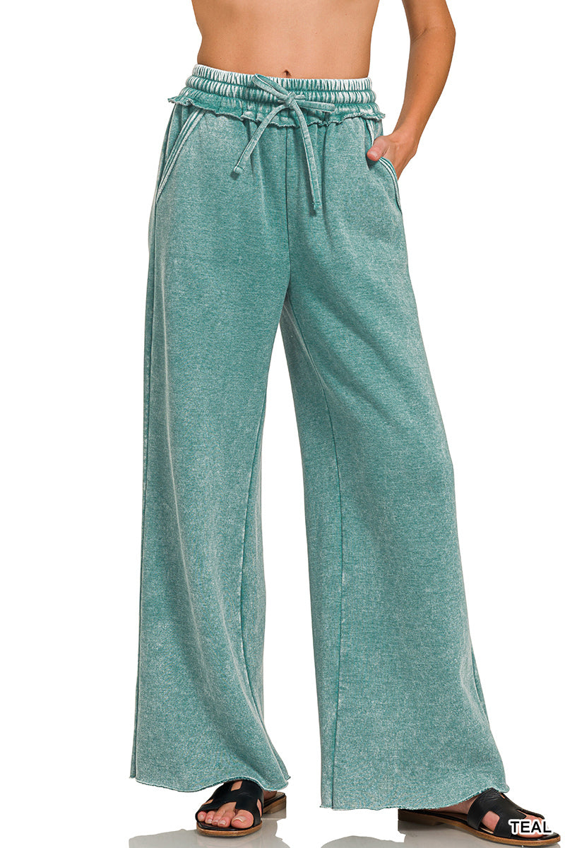 Zenana Acid Wash Fleece Palazzo Sweatpants