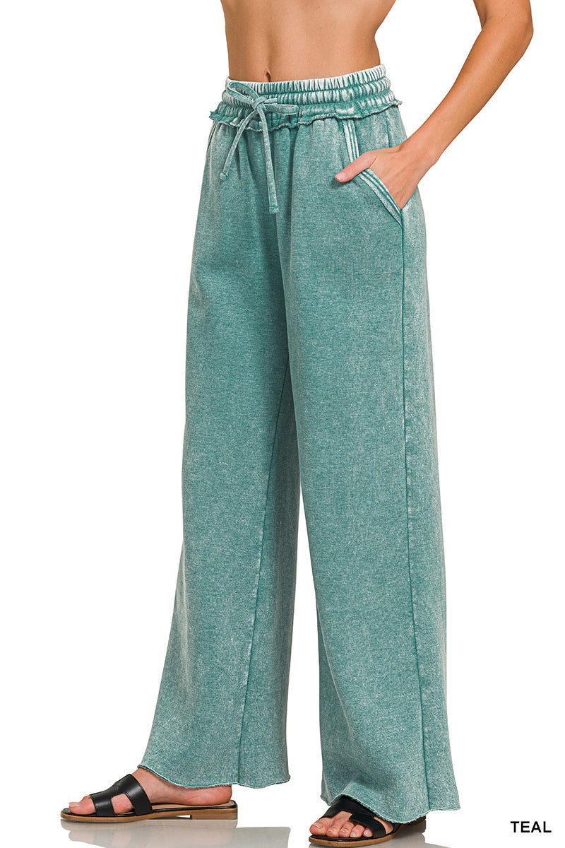 Zenana Acid Wash Fleece Palazzo Sweatpants