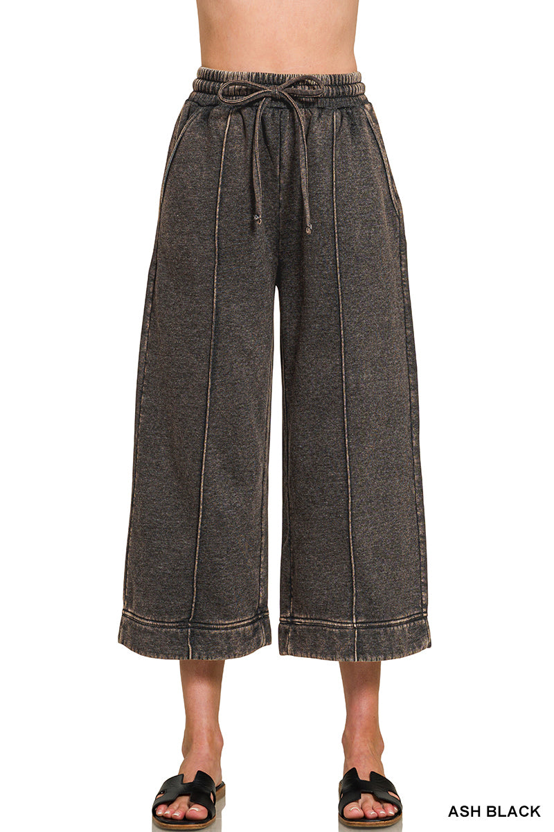 ACID WASHED FLEECE PINTUCK WIDE LEG CROPPED PANTS