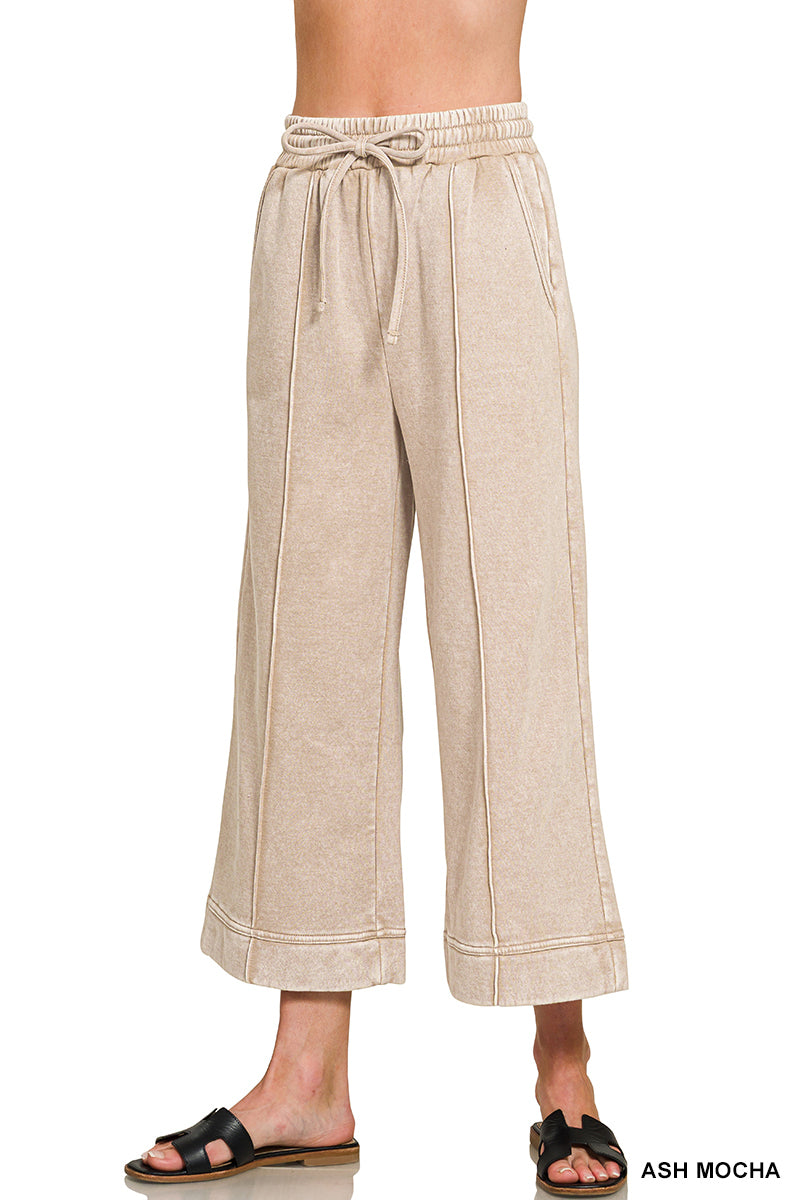 ACID WASHED FLEECE PINTUCK WIDE LEG CROPPED PANTS