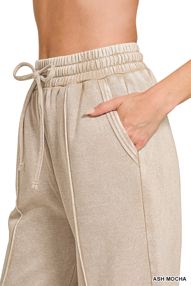 ACID WASHED FLEECE PINTUCK WIDE LEG CROPPED PANTS