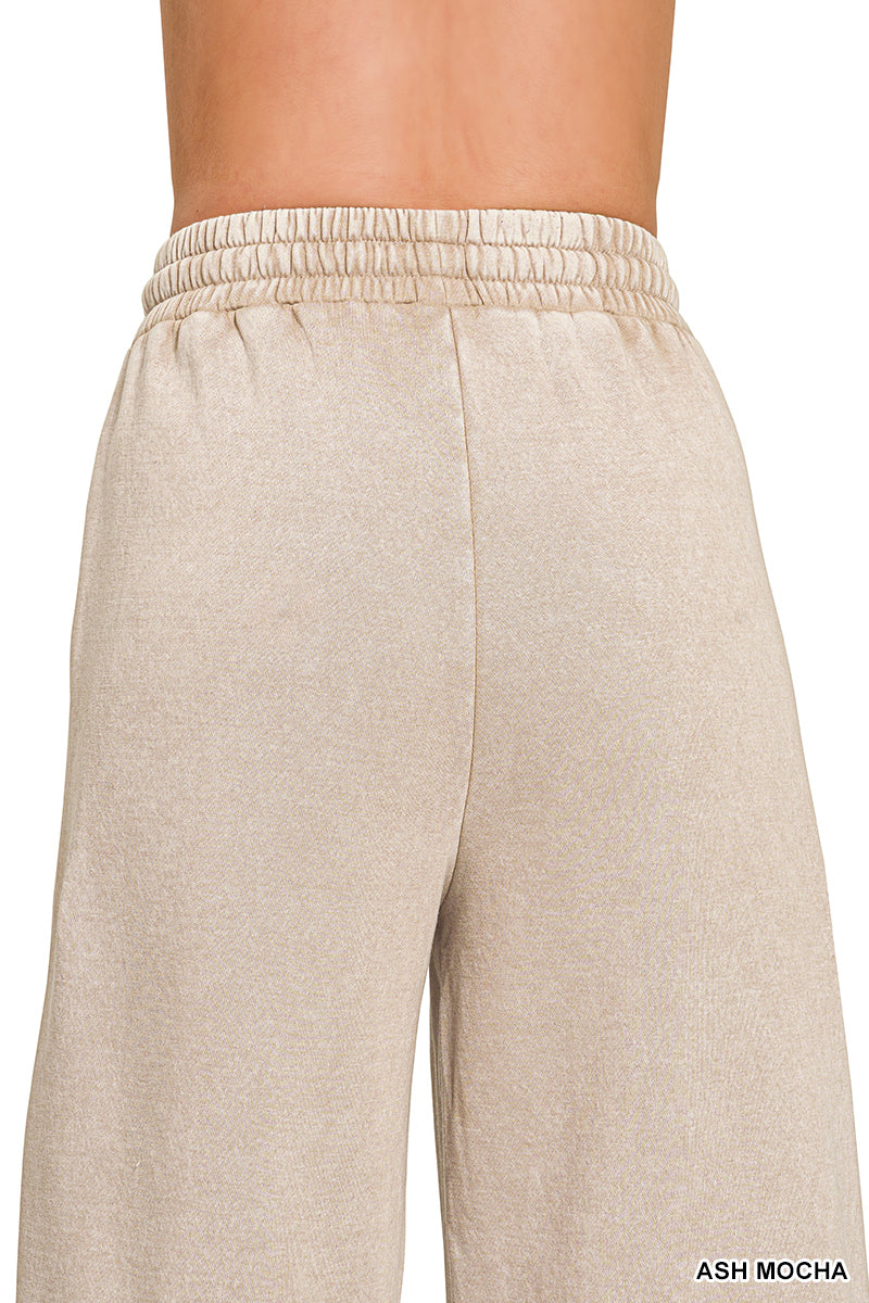ACID WASHED FLEECE PINTUCK WIDE LEG CROPPED PANTS