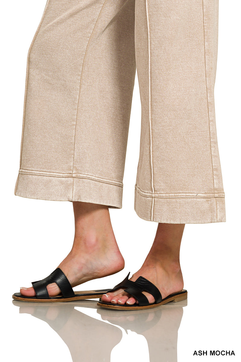 ACID WASHED FLEECE PINTUCK WIDE LEG CROPPED PANTS