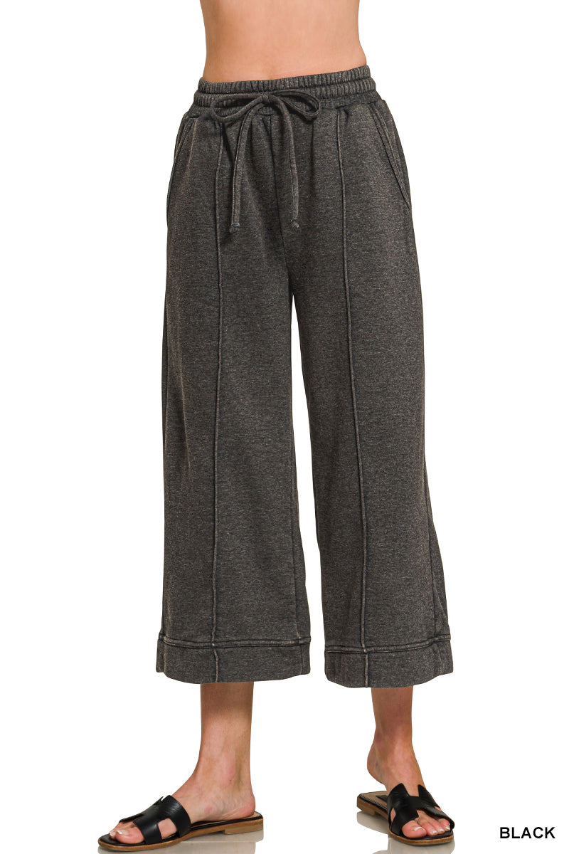 ACID WASHED FLEECE PINTUCK WIDE LEG CROPPED PANTS