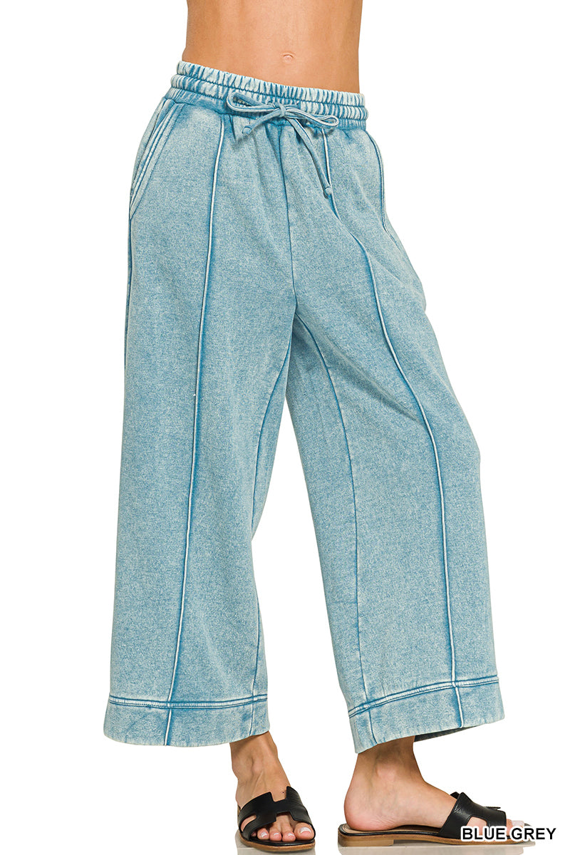 ACID WASHED FLEECE PINTUCK WIDE LEG CROPPED PANTS