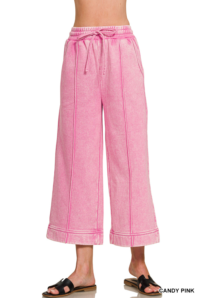 ACID WASHED FLEECE PINTUCK WIDE LEG CROPPED PANTS