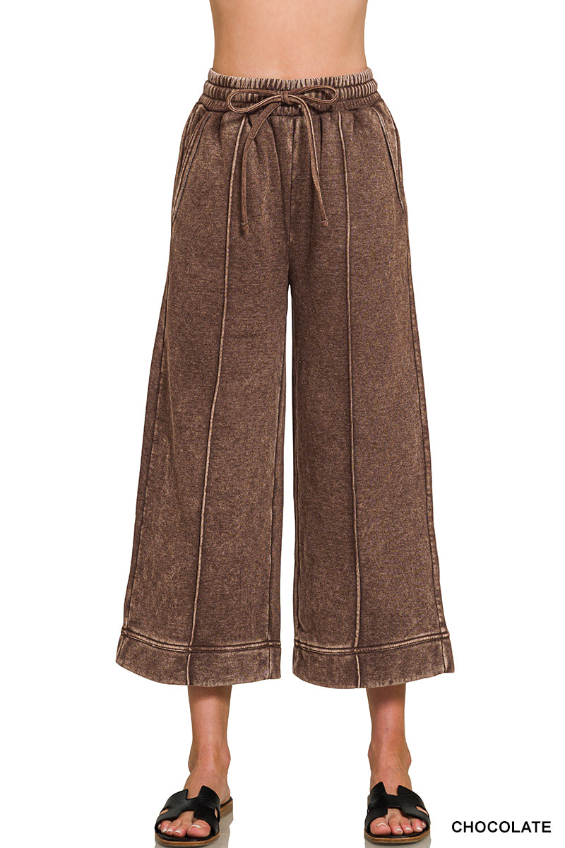 ACID WASHED FLEECE PINTUCK WIDE LEG CROPPED PANTS