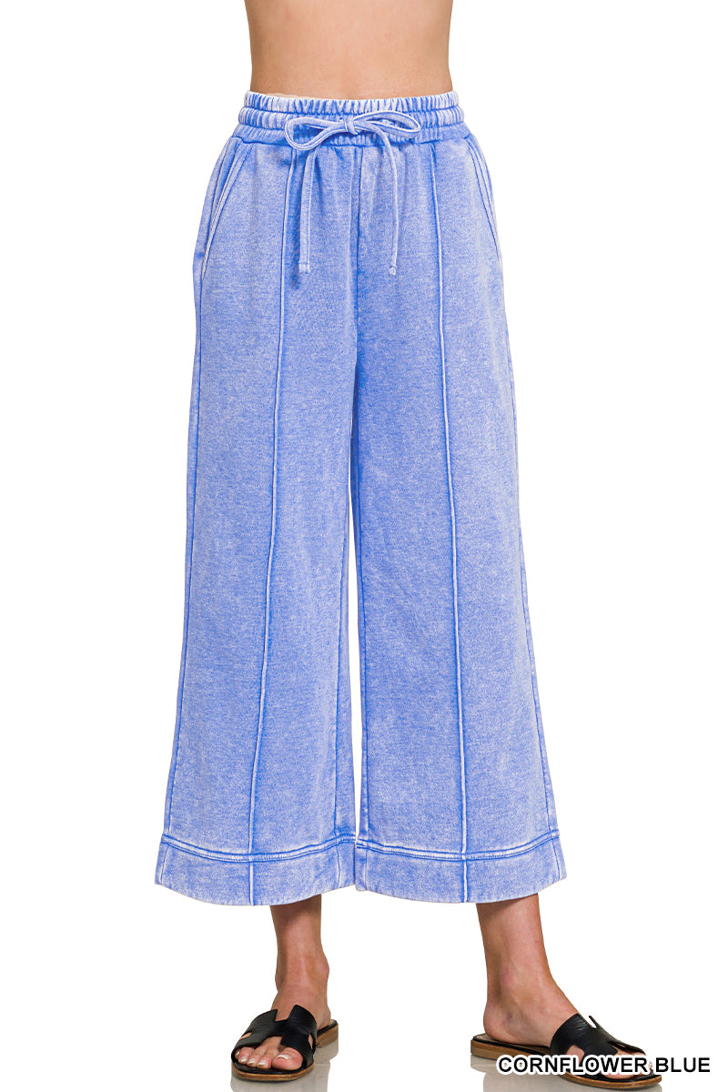 ACID WASHED FLEECE PINTUCK WIDE LEG CROPPED PANTS