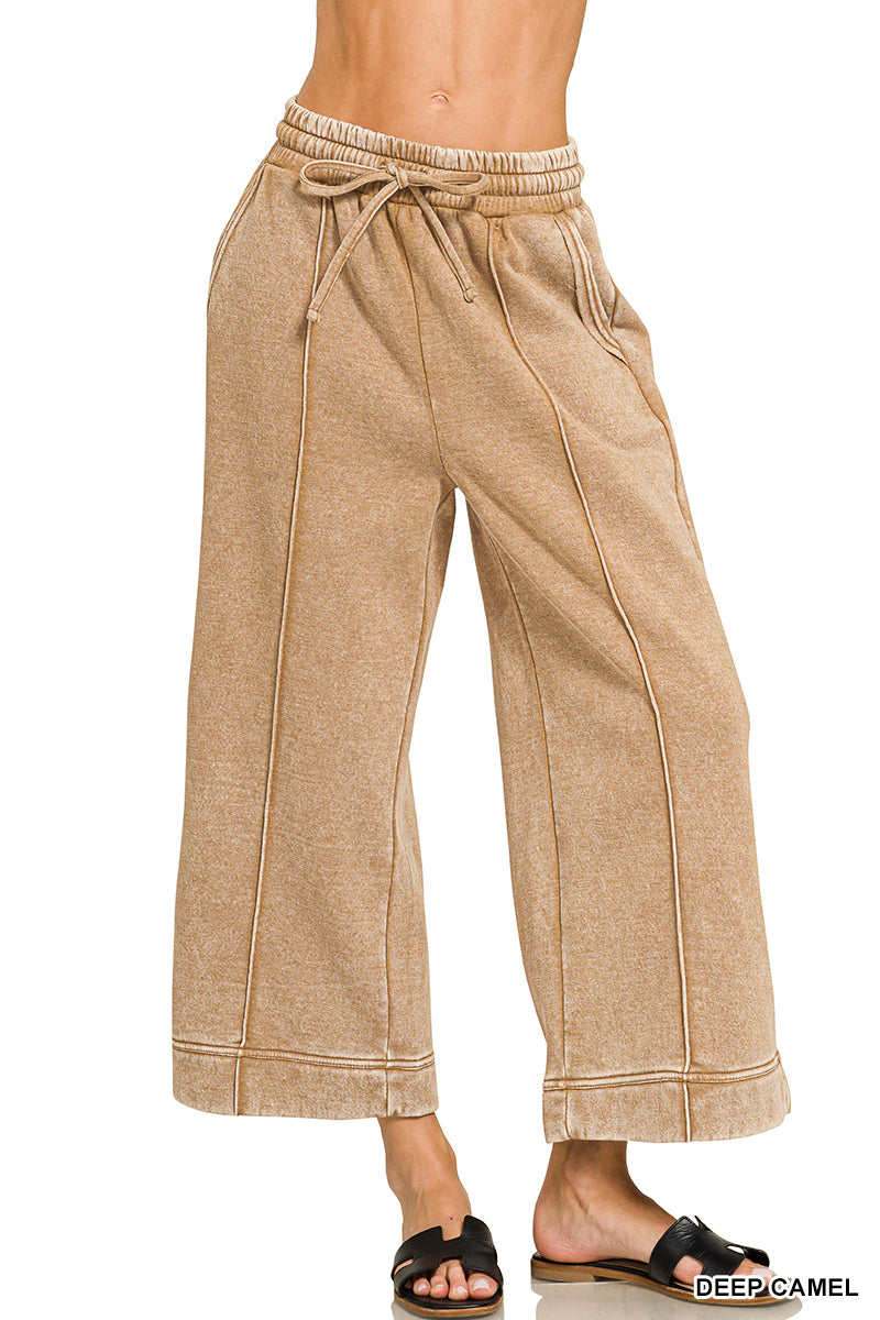 ACID WASHED FLEECE PINTUCK WIDE LEG CROPPED PANTS