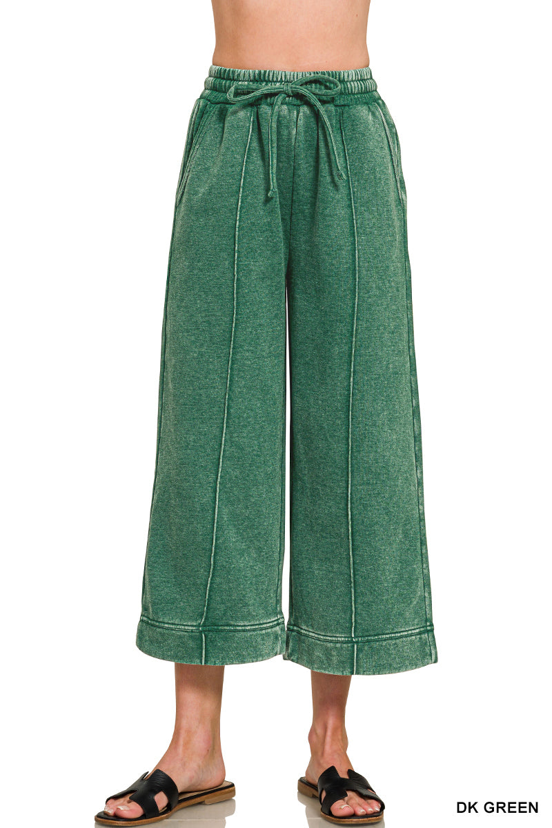 ACID WASHED FLEECE PINTUCK WIDE LEG CROPPED PANTS