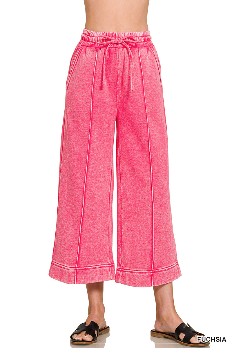 ACID WASHED FLEECE PINTUCK WIDE LEG CROPPED PANTS