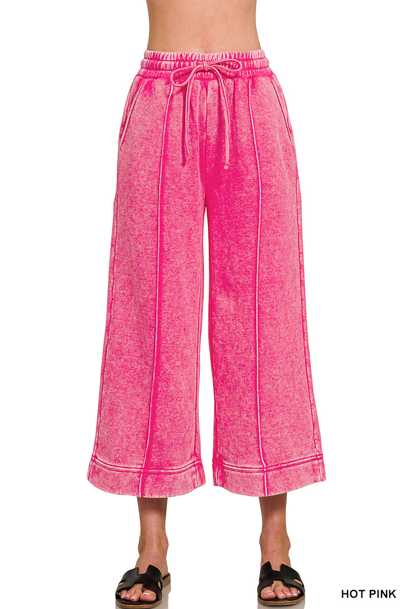 ACID WASHED FLEECE PINTUCK WIDE LEG CROPPED PANTS