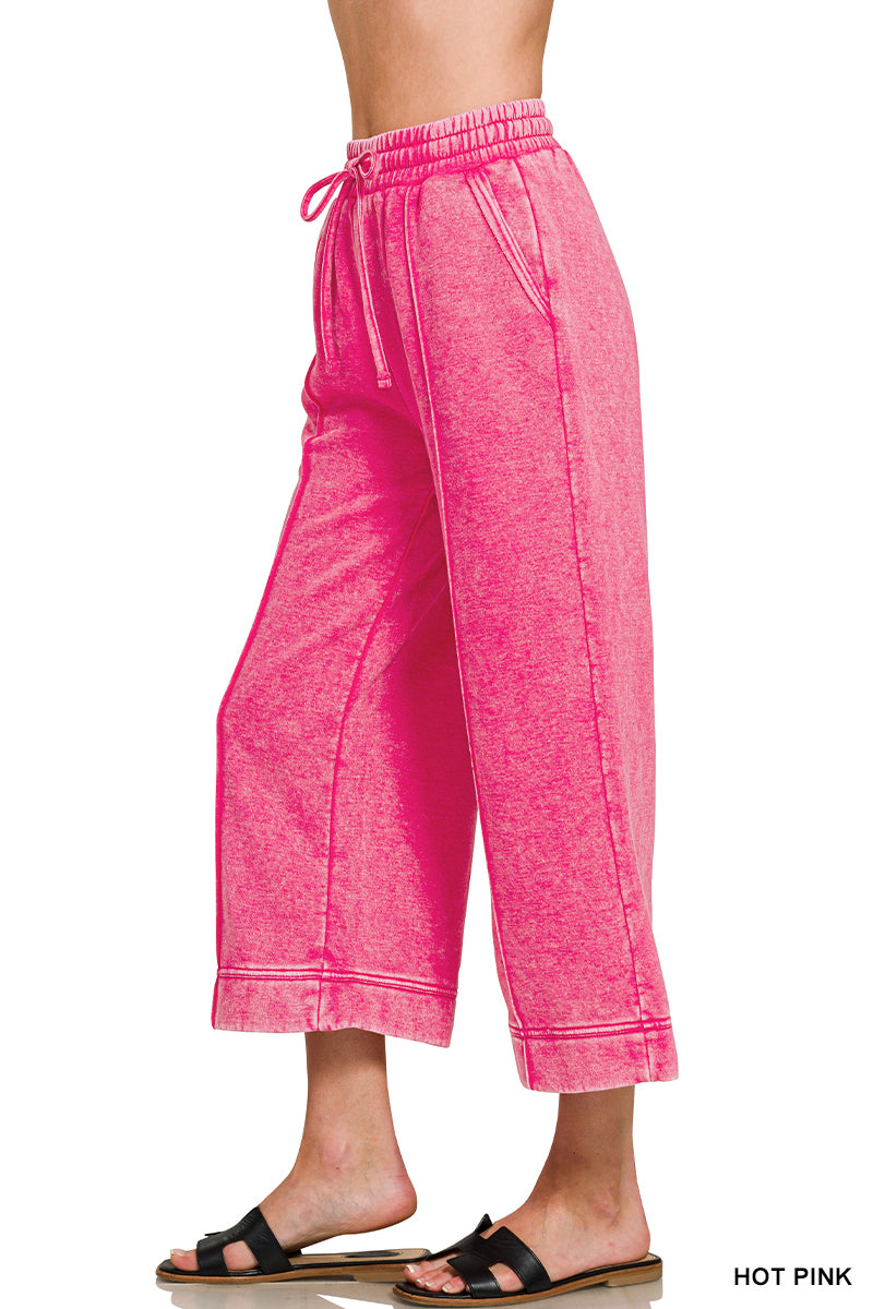 ACID WASHED FLEECE PINTUCK WIDE LEG CROPPED PANTS