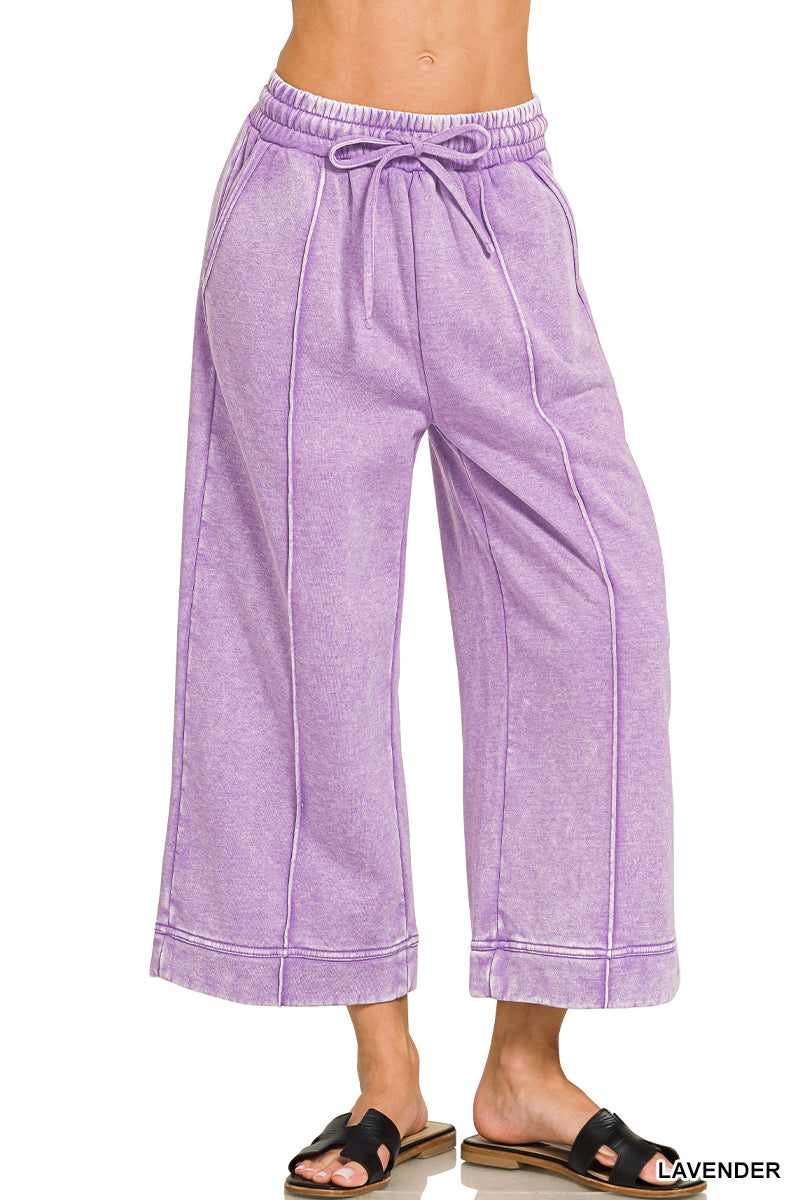 ACID WASHED FLEECE PINTUCK WIDE LEG CROPPED PANTS
