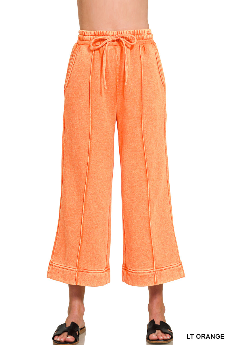 ACID WASHED FLEECE PINTUCK WIDE LEG CROPPED PANTS