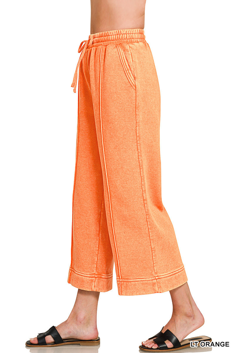 ACID WASHED FLEECE PINTUCK WIDE LEG CROPPED PANTS