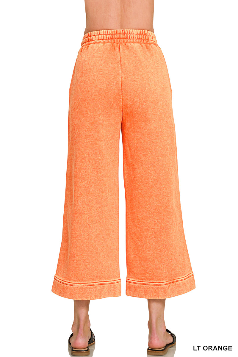 ACID WASHED FLEECE PINTUCK WIDE LEG CROPPED PANTS