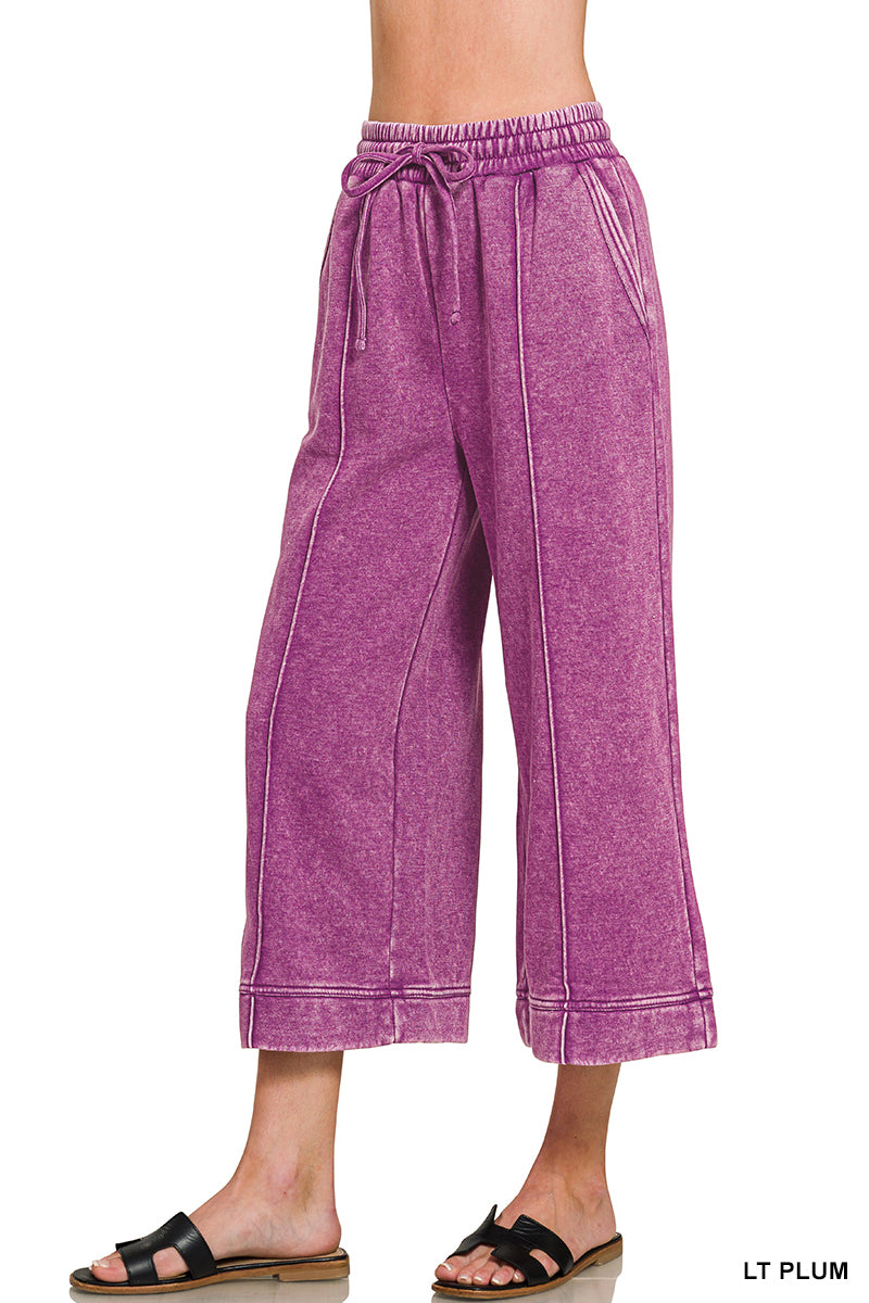 ACID WASHED FLEECE PINTUCK WIDE LEG CROPPED PANTS