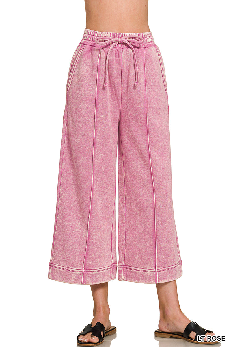 ACID WASHED FLEECE PINTUCK WIDE LEG CROPPED PANTS