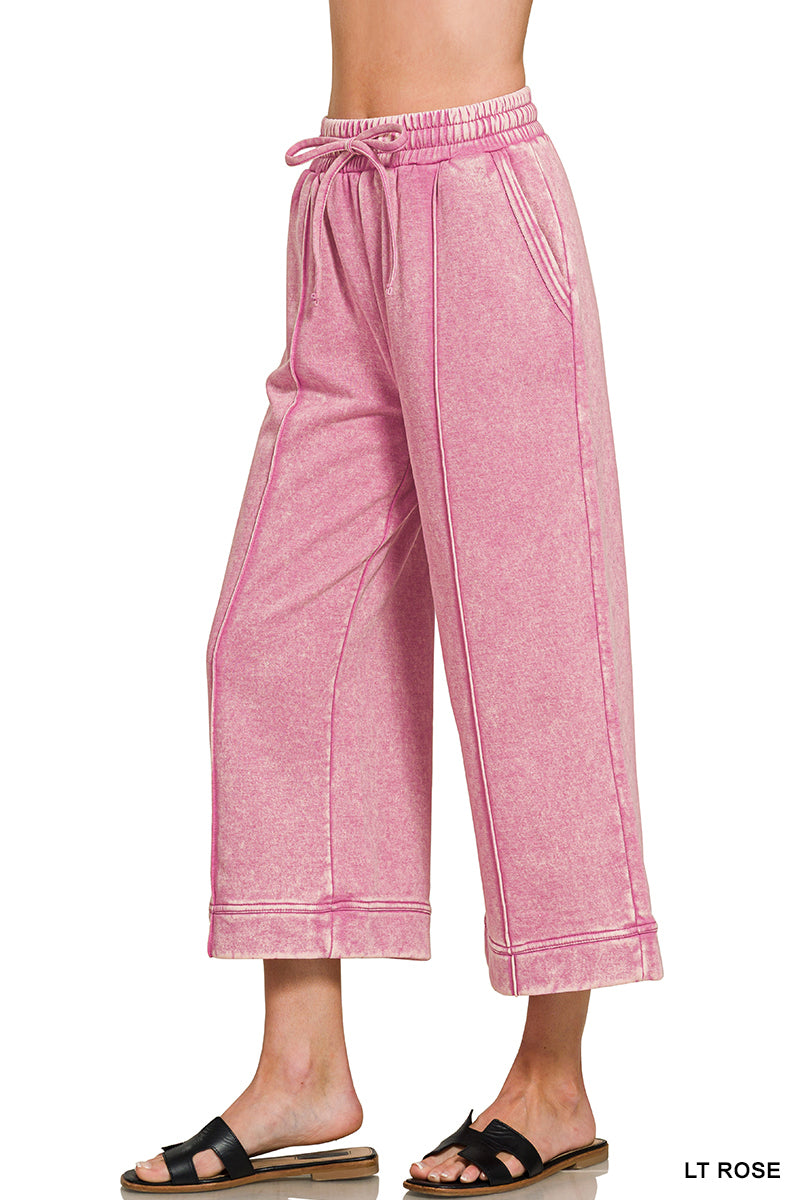 ACID WASHED FLEECE PINTUCK WIDE LEG CROPPED PANTS