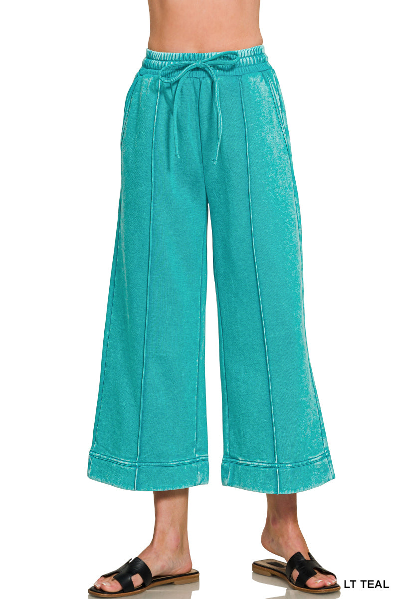 ACID WASHED FLEECE PINTUCK WIDE LEG CROPPED PANTS