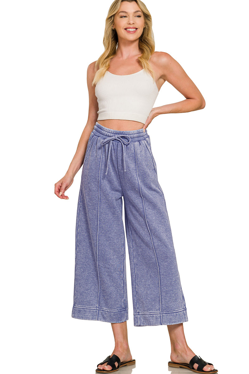 ACID WASHED FLEECE PINTUCK WIDE LEG CROPPED PANTS