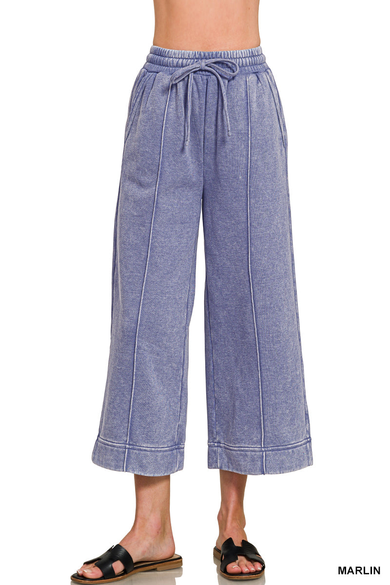 ACID WASHED FLEECE PINTUCK WIDE LEG CROPPED PANTS