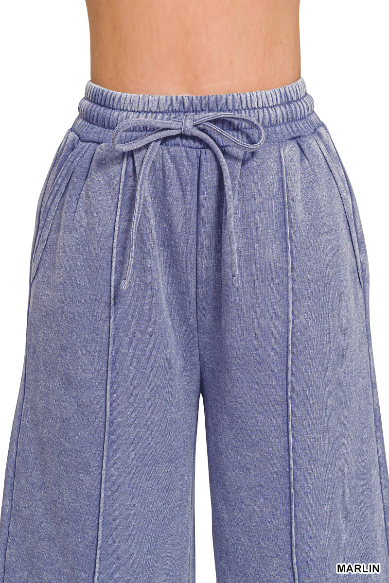 ACID WASHED FLEECE PINTUCK WIDE LEG CROPPED PANTS