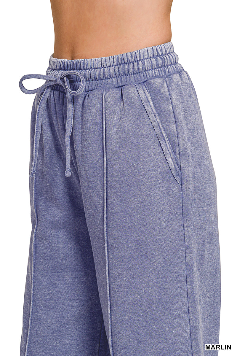 ACID WASHED FLEECE PINTUCK WIDE LEG CROPPED PANTS
