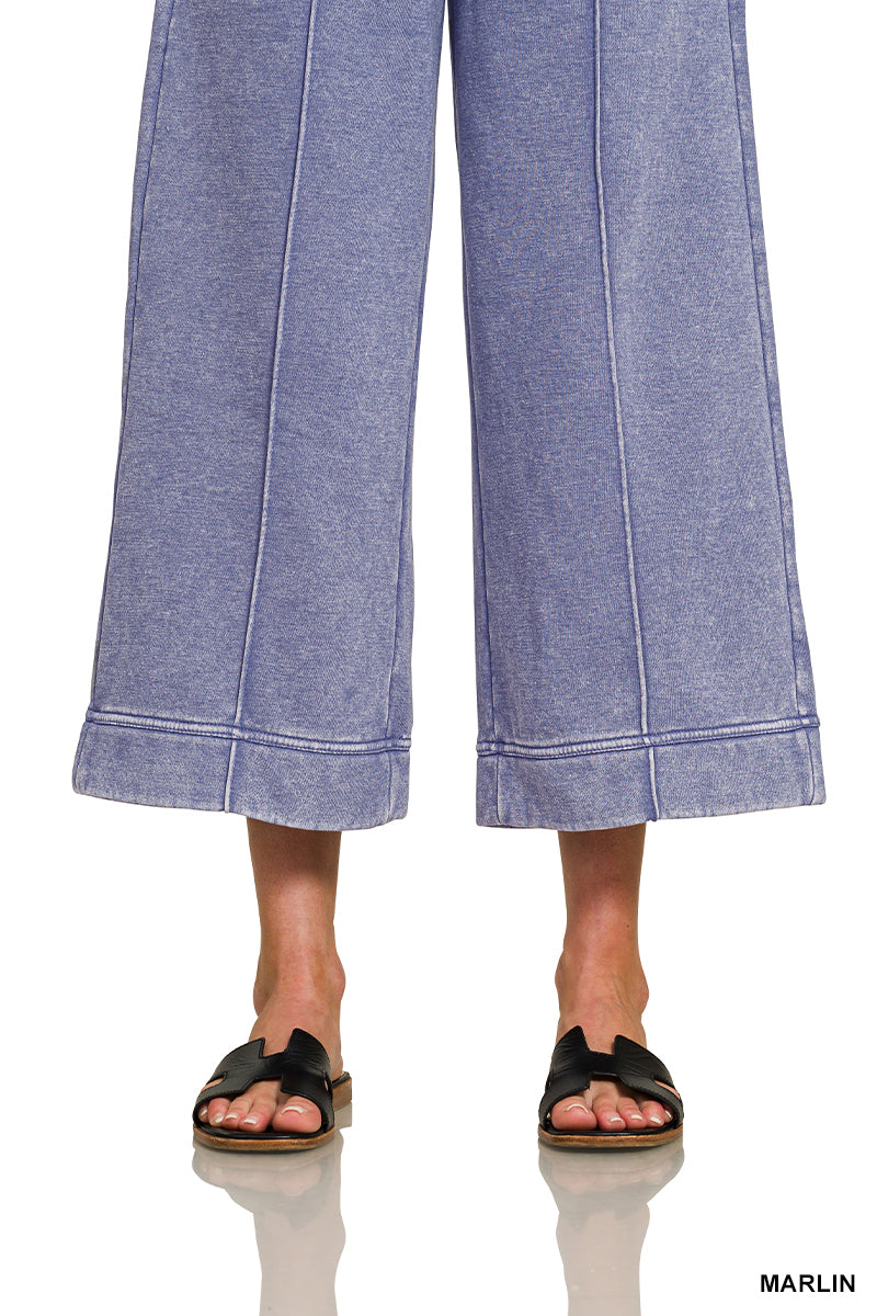 ACID WASHED FLEECE PINTUCK WIDE LEG CROPPED PANTS
