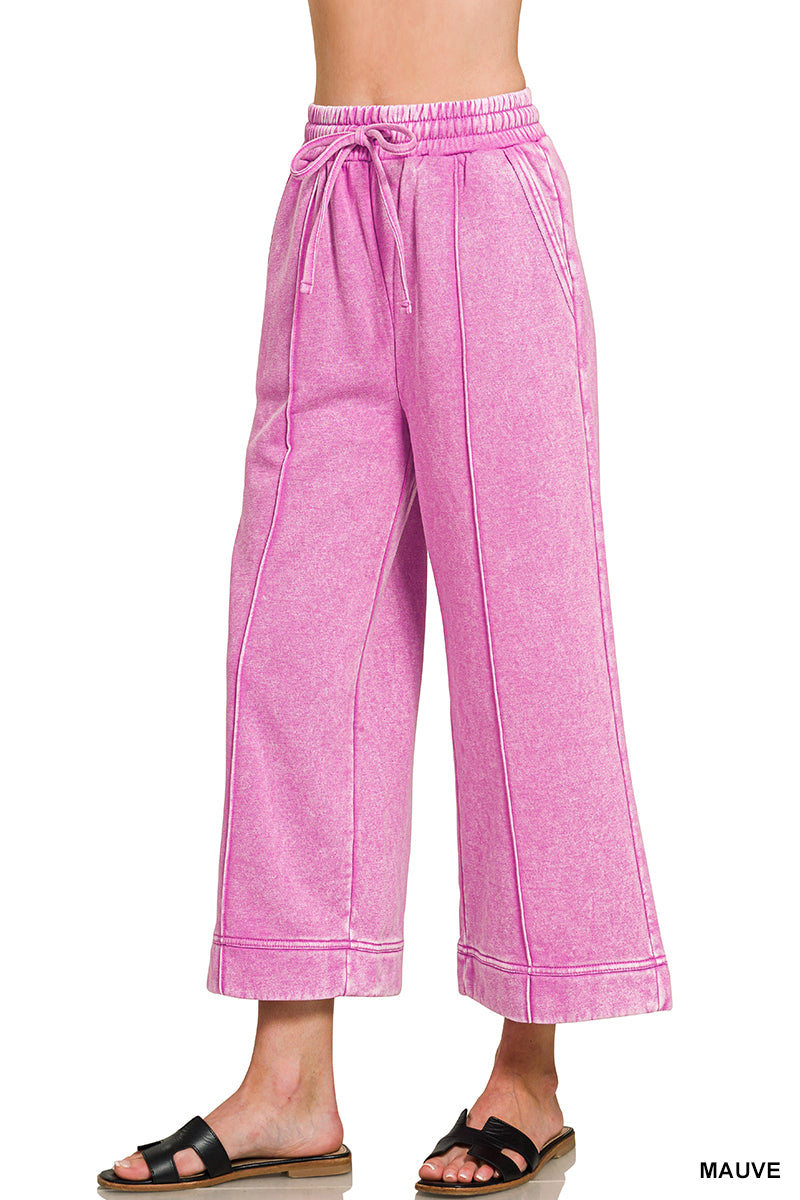 ACID WASHED FLEECE PINTUCK WIDE LEG CROPPED PANTS