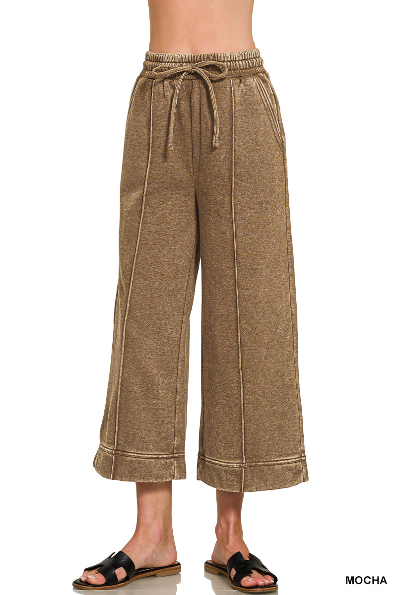 ACID WASHED FLEECE PINTUCK WIDE LEG CROPPED PANTS