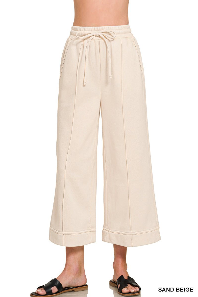 ACID WASHED FLEECE PINTUCK WIDE LEG CROPPED PANTS