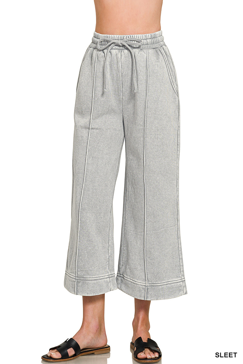 ACID WASHED FLEECE PINTUCK WIDE LEG CROPPED PANTS