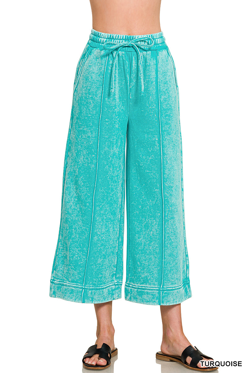 ACID WASHED FLEECE PINTUCK WIDE LEG CROPPED PANTS