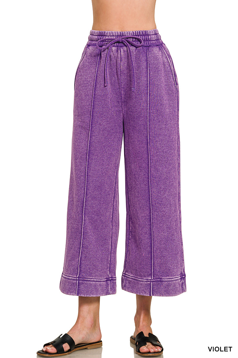 ACID WASHED FLEECE PINTUCK WIDE LEG CROPPED PANTS