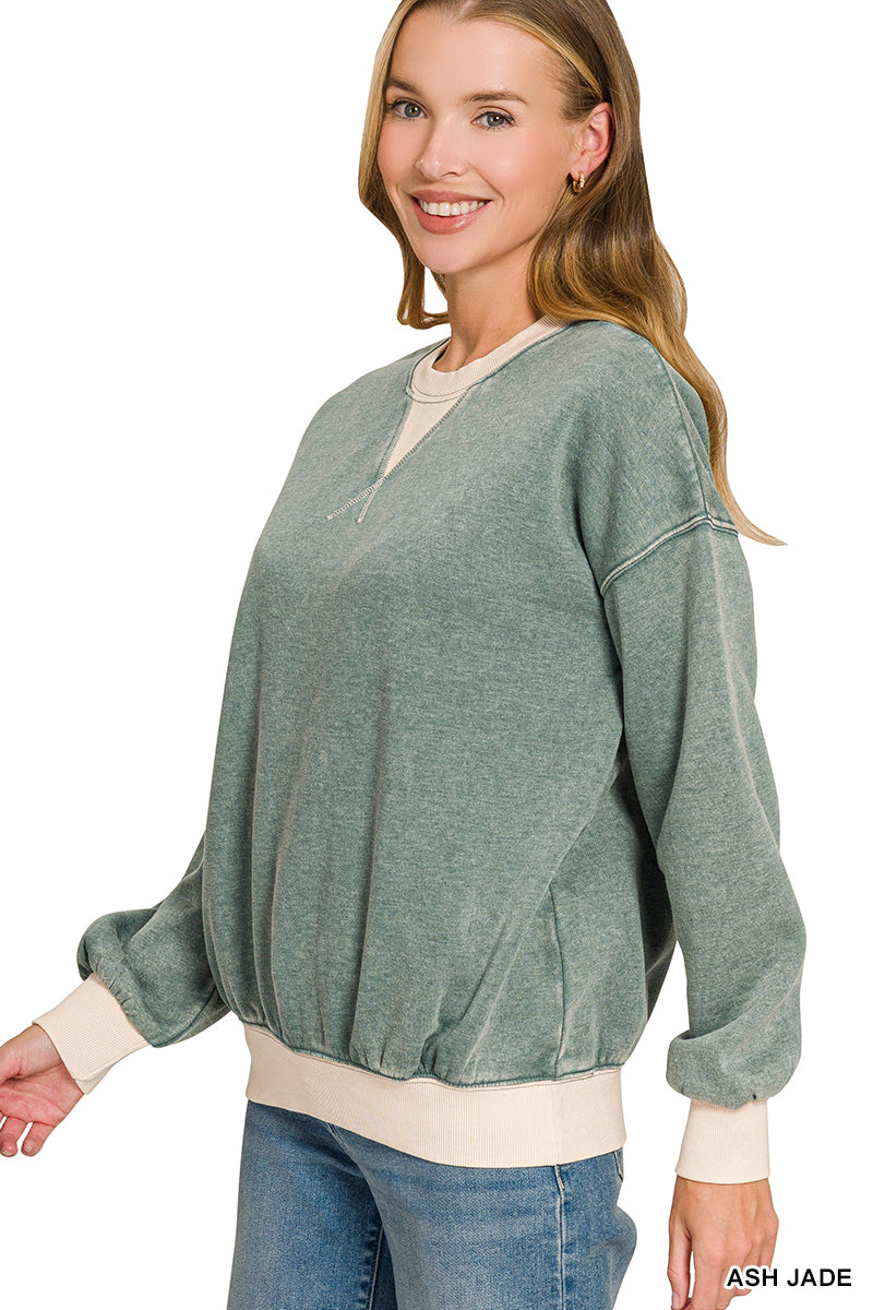 FLEECE ACID WASHED CREW NECK LONG SLEEVE SWEATSHIRTS