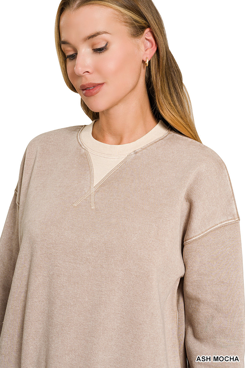 FLEECE ACID WASHED CREW NECK LONG SLEEVE SWEATSHIRTS
